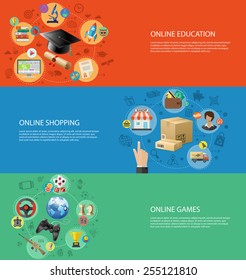 Concepts for Online Internet Technology - Education, Shopping and Games with 3D and Flat Icons. Can be used for web banners and printing advertising. Vector Illustration.