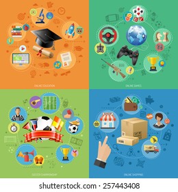 Concepts for Online Internet Technology - Education, Shopping and Games with 3D and Flat Icons. Can be used for web banners and printing advertising. Vector Illustration.