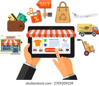 Conceptos para la Tecnología en línea de Internet y compras. Hombre que sostiene la tableta en la mano, y hace la compra. Ilustración vectorial aislada.