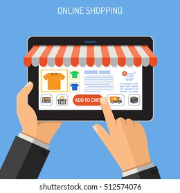 Concepts for Online Internet Technology and Shopping. Man holding tablet in hand, and makes purchase isolated vector illustration.