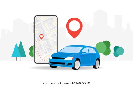 Concepts Online ordering a taxi car using the mobile application service. Smartphone screen on the background of the city with the location of the route and points on the map. Vector illustration.