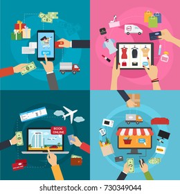 Concepts of online payment methods confirmed finance people hands mobile banking workplace vector illustration in flat style.