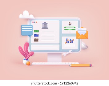 Concepts of online payment methods. Internet banking, purchasing and transaction, electronic funds transfers and bank wire transfer.  3D Vector Illustrations.