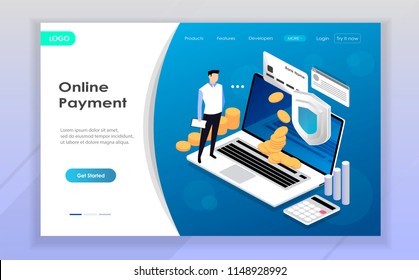 Concepts online payments, personal data protection. Header for website with laptop and Bank card on blue background. Design for Landing Page. 3d isometric flat design. Vector illustration. 