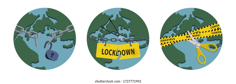 Concepts of open lockdown after pandemic outbreak. Broken yellow tape and chain over planet. Stock vector illustration.