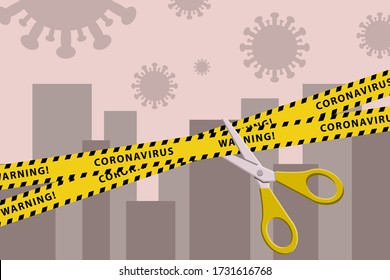 Concepts of open lockdown after pandemic outbreak. Torn yellow tape with scissors over city. Stock vector illustration