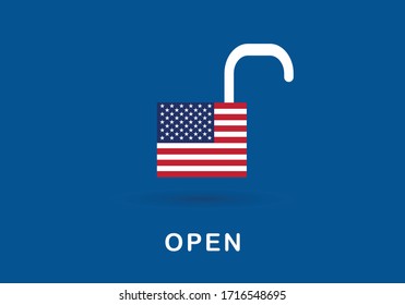 Concepts of open United States of America after lockdown for coronavirus pandemic outbreak. Illustration of unlocked key and USA flag