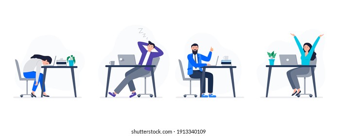 Concepts with people at work. Women and men are working with different emotions. Tired and energetic workers. Vector flat illustration.