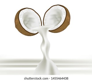 Concepts of processing natural products. Coconut milk flows out of the coconut fruit, cut in half on a white background. Is a vector image
