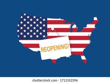 Concepts of reopening America after quarantine the country for prevention coronavirus pandemic outbreak. Illustration of USA map and open sign