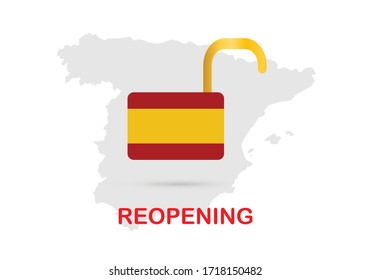 Conceptos de reapertura de España después del bloqueo del país para la prevención de brotes de pandemia de coronavirus. Ilustración del mapa de España y la bandera de España desbloquean la llave con texto reabriéndose sobre fondo blanco