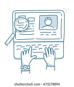Concepts for searching professional staff, analyzing resume, recruitment, human resources management, working on Laptop