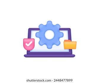 concepts of security system settings, file management, and device operating system maintenance. illustration of a laptop with gear, shield, and folder. 3d symbol or icon. minimalist 3d design. graphic