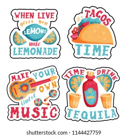 Concepts set with lettering with motivational quotes about life, music, tequila and tacos. Mexican mood.