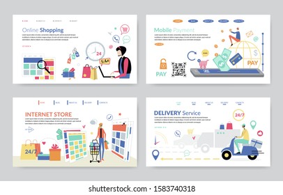 Concepts set of Online Shopping, Mobile Payment, Internet Store and Delivery Service. Creative website template, flat design vector illustration