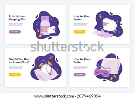 Concepts with sleeping pills, cute sheep, alarm clock, and face mask for sleep. Trendy vector flat illustrations for banners, landing pages.