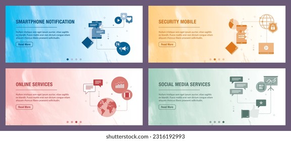 Concepts of smartphone notification, security mobile, online services, social media services. Web banners template with flat design icons in vector illustration.
