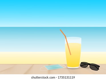 Concepts of taking vacation after coronavirus outbreak. Lemon juice, hygienic mask and a sunglasses on the beautiful sunny beach. 