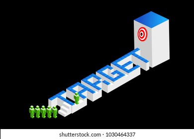 Concepts of teamwork, strategic planning, or competition. Businessman team finding the best way on blue maze ("target" word) to reach main target at dartboard. Isolated on black. Vector illustration.