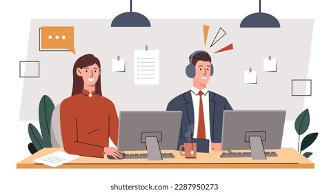 Concepts of telework. Man and woman sitting at computers in headphones. Support for customer service, feedback. Online global tech support. Cartoon flat vector illustration