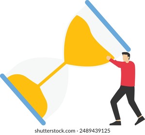 concepts of time management, discipline, completing tasks, waiting for business, two people with hourglass standing patiently watching time pass. Flat design vector illustration on white background