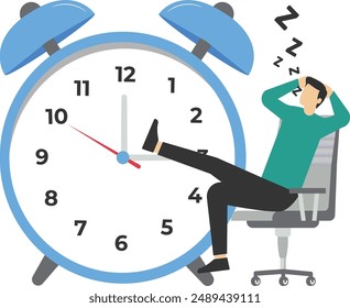 concepts of tired or no motivation, wasted time, procrastination or slow life, lazy to work, low productivity or efficiency, self-discipline problem, lazy businessman sleeping in running time clock.