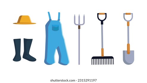 Concepts tools and Apparel. Set of various gardening items. Flat design illustration of items for gardening.Hat, boots, denim bib, trowel, rake, shovel.
