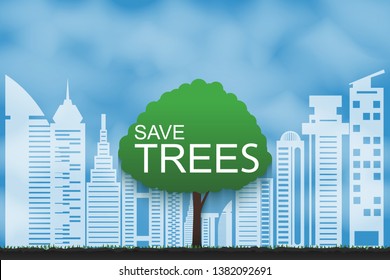 Concepts of tree conservation and planting of trees for the environment,Paper art style,Vector,Illustration.