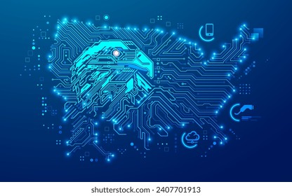 concepts of USA technology or tech war, graphic of eagle combined with electronic united states map