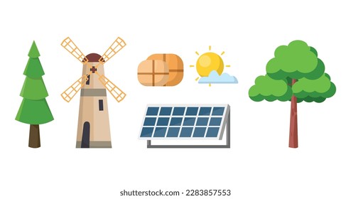 Concepts vector style agriculture resources and renewable energy. Farming process, Renewable energy with solar panels and solar energy.