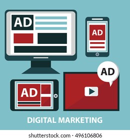 Concepts for video marketing, digital marketing, advertising, social media, web and mobile apps and services, e-commerce, SEO. Concepts for website banners and printed materials