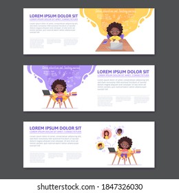 Concepts for web banners and promotions. Flat cartoon design for Tutorials, Study program, Online learning. Afro-American girl sits at table study online from home. Vector illustration