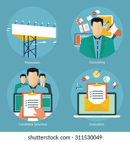 Konzepte für Webbanner und Werbeaktionen. Flache Konzepte für Werbung, Kandidatenbewertung und E-Mail-Marketing