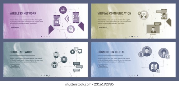 Concepts of wireless network, virtual communication, social network, connection digital. Web banners template with flat design icons in vector illustration.