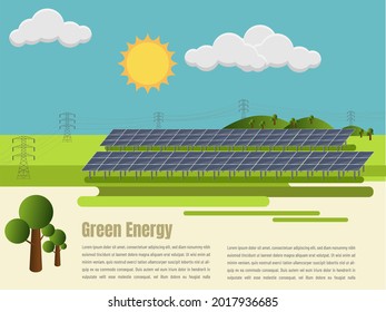 Concept:solar panels, light generation, green energy.
Solar panels on green background, high tension towers in the background. 