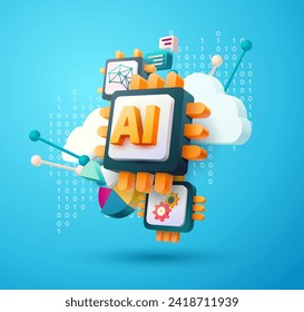 Ilustración conceptual 3d de la inteligencia artificial. Chip de computadora y símbolos temáticos de la tecnología. Composición vectorial realista.