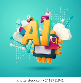 Conceptual 3d illustration of artificial intelligence. Large AI lettering and thematic symbols of technology. Realistic vector composition. 