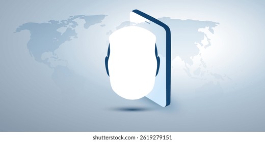 A conceptual 3D illustration of mobile AI assistance and facial recognition. A robot head silhouette and smartphone shape over a blue world map background. Concept of modern AI assisted mobilty.