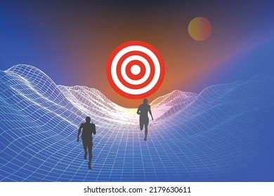 Conceptual 3d vector illustration of Horizon with target icon in the far distance, and human silhouette running to achieve their success. Aim high to get success concept.