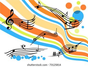 Conceptual abstract background with curvy colored stripes and stave