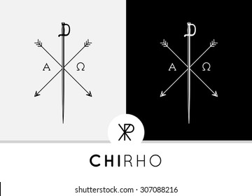 Conceptual Abstract Chi-Rho icon symbol design with sword & arrows combined with Alpha & Omega signs. Chi-Rho symbolizes the crucifixion of Jesus and his status as the Christ in the Christian faith.