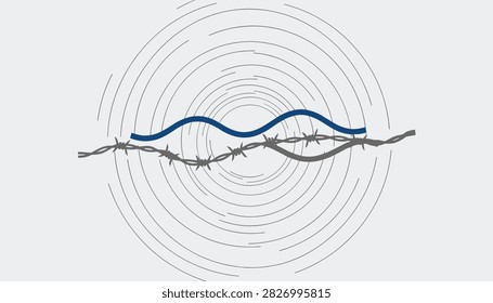 Conceptual abstract illustration of barbed wire and a blue wave line crossing concentric circular lines.