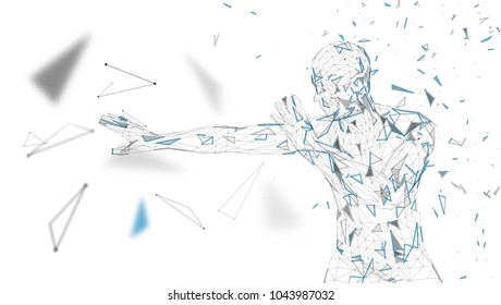Conceptual abstract man is afraid of fear. Connected lines, dots, triangles, particles. Artificial intelligence concept. High technology vector, digital background. 3D render vector illustration.