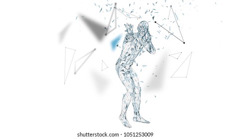 Conceptual abstract man is afraid of fear. Connected lines, dots, triangles, particles. Artificial intelligence concept. High technology vector, digital background. 3D render vector illustration.