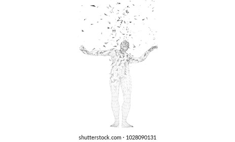 Conceptual abstract man. Connected lines, dots, triangles, particles on white background. Artificial intelligence concept. High technology vector digital background