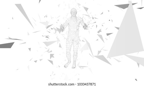 Hombre abstracto conceptual. Líneas conectadas, puntos, triángulos, partículas sobre fondo blanco. Concepto de inteligencia artificial. Fondo digital vectorial de alta tecnología