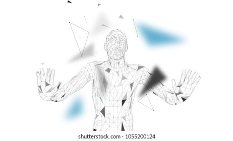 Conceptual abstract man. Connected lines, dots, triangles, particles on white background. Artificial intelligence concept. High technology vector, digital background. 3D render vector illustration.