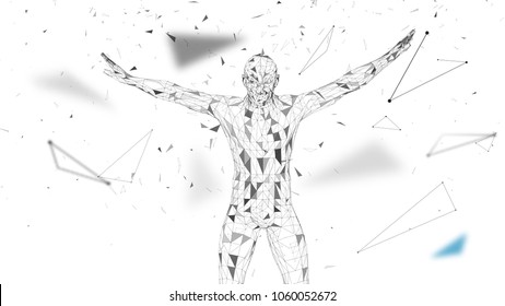 Conceptual abstract man. Connected lines, dots, triangles, particles on white background. Artificial intelligence concept. High technology vector, digital background. 3D render vector illustration.
