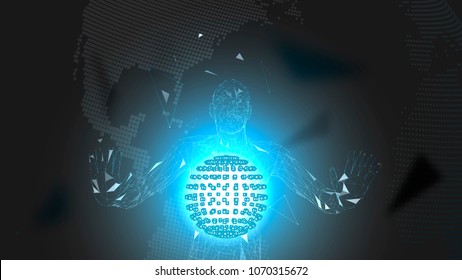 Conceptual abstract man. Connected lines, dots, triangles, particles. cience fiction scene. Artificial intelligence concept. High technology vector, digital background. 3D render vector illustration.