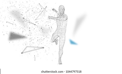 Conceptual abstract man is doing powerful punch. Connected lines, dots, triangles, particles. Artificial intelligence concept. High technology vector, digital background. 3D render vector illustration